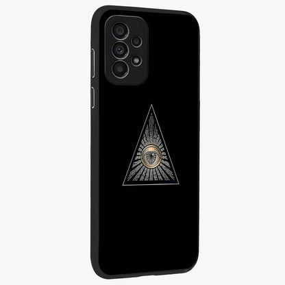 Illuminati Evil Glass Case upright view showcasing striking illuminati artwork with mysterious symbolic theme.