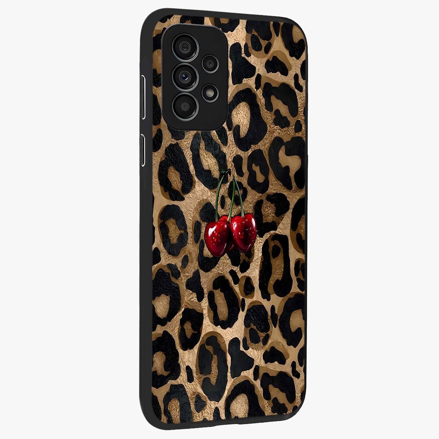 Leopard Wild Cherry Glass Case upright view showcasing stylish leopard pattern artwork with trendy fashion theme.