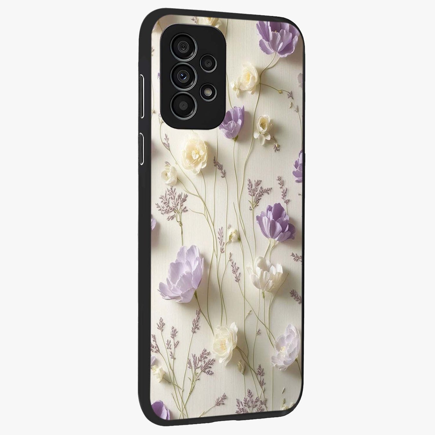 Lilac Breeze Harmony Glass Case upright view showcasing delicate lilac artwork with peaceful floral theme.