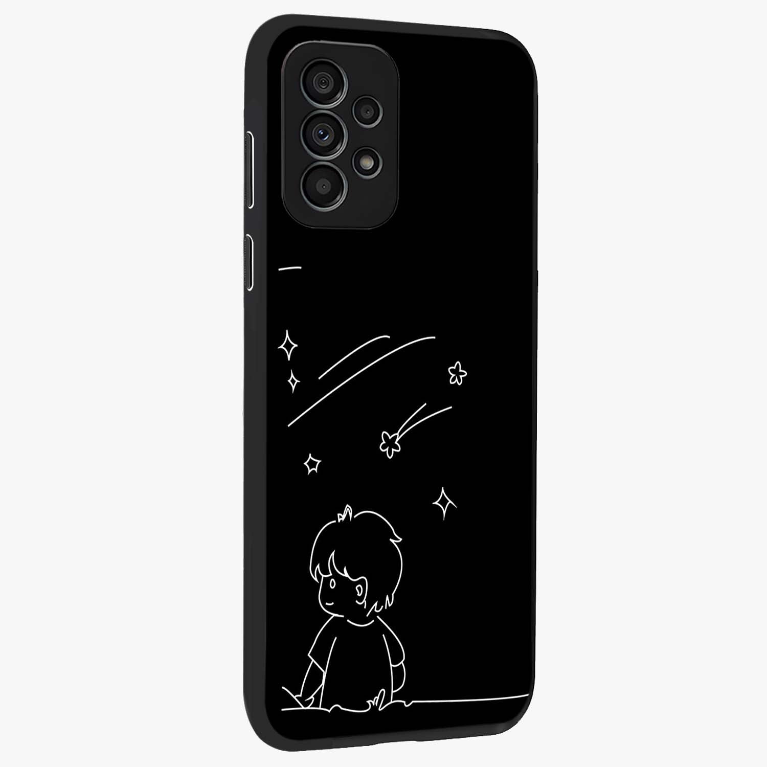 Line Art Boy With Shooting Stars Glass Case upright view showcasing artistic shooting star illustration with minimal style.