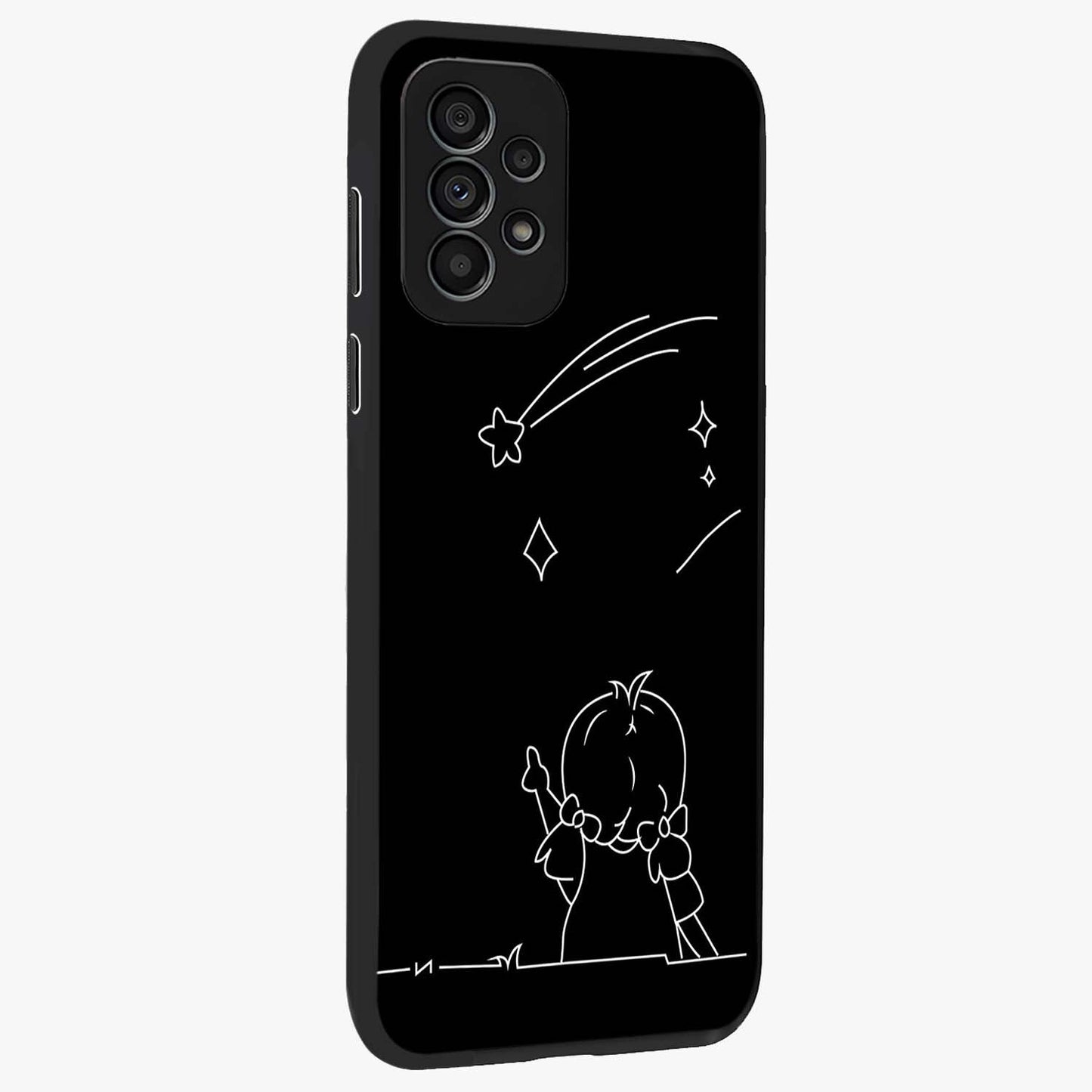 Line Art Girl With Shooting Stars Glass Case upright view showcasing delicate shooting stars artwork with minimal artistic theme.