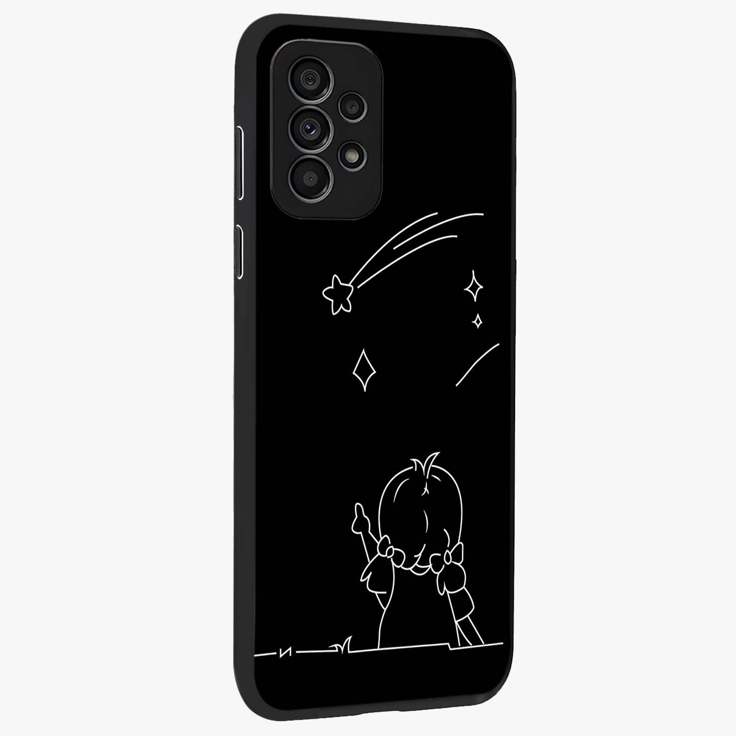 Line Art Girl With Shooting Stars Glass Case upright view showcasing delicate shooting stars artwork with minimal artistic theme.