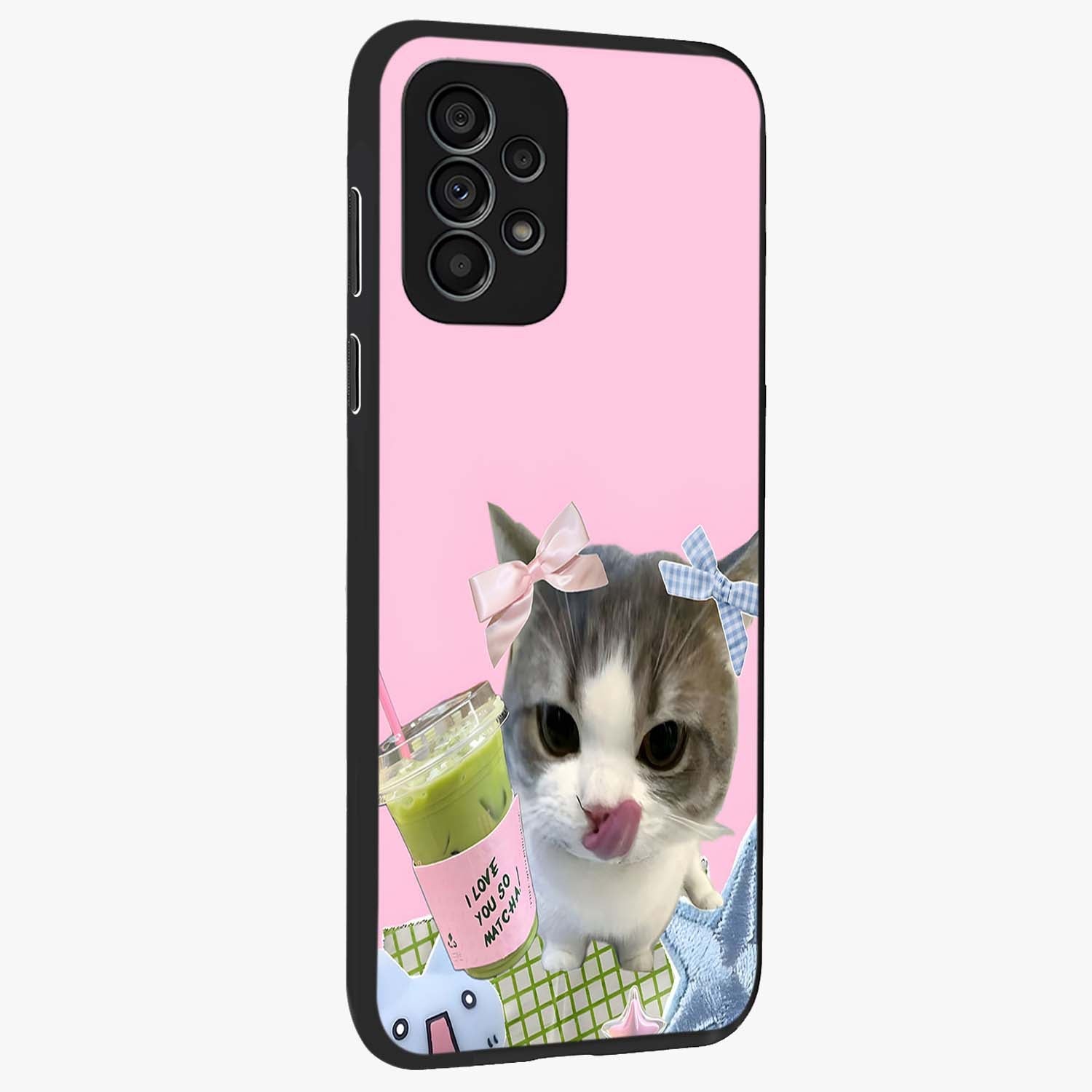 Love Matcha Cat Glass Case upright view showcasing adorable cat artwork with charming matcha themed design.