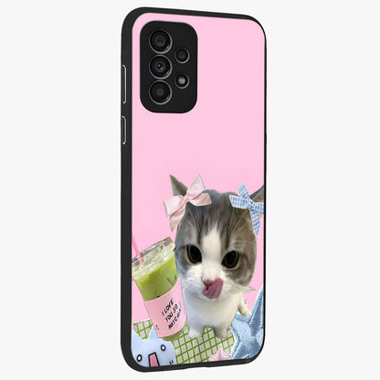 Love Matcha Cat Glass Case upright view showcasing adorable cat artwork with charming matcha themed design.