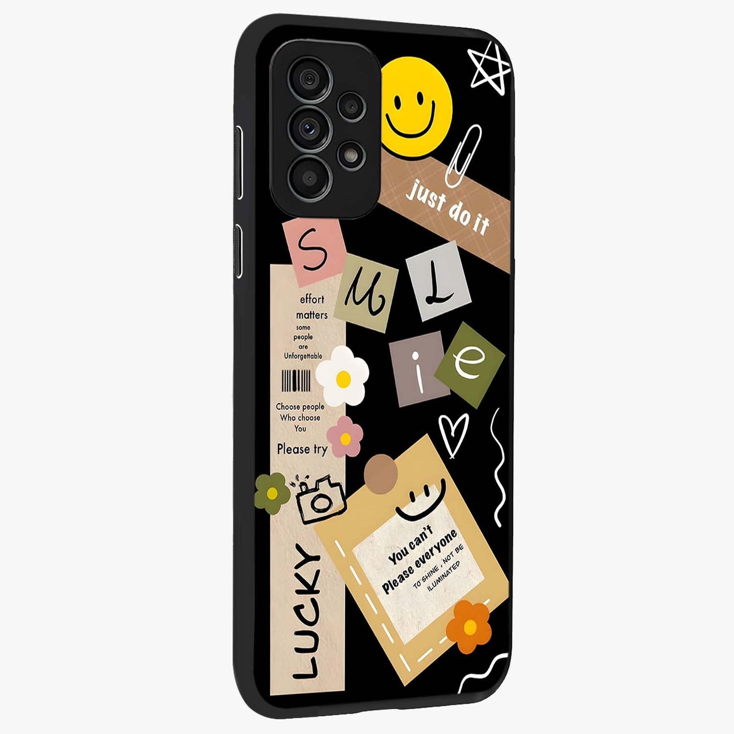 Lucky Aesthetic Collage Glass Case upright view showcasing vibrant collage artwork with youthful aesthetic theme.