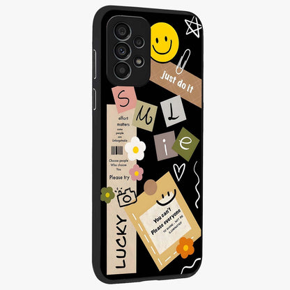 Lucky Aesthetic Collage Glass Case upright view showcasing vibrant collage artwork with youthful aesthetic theme.