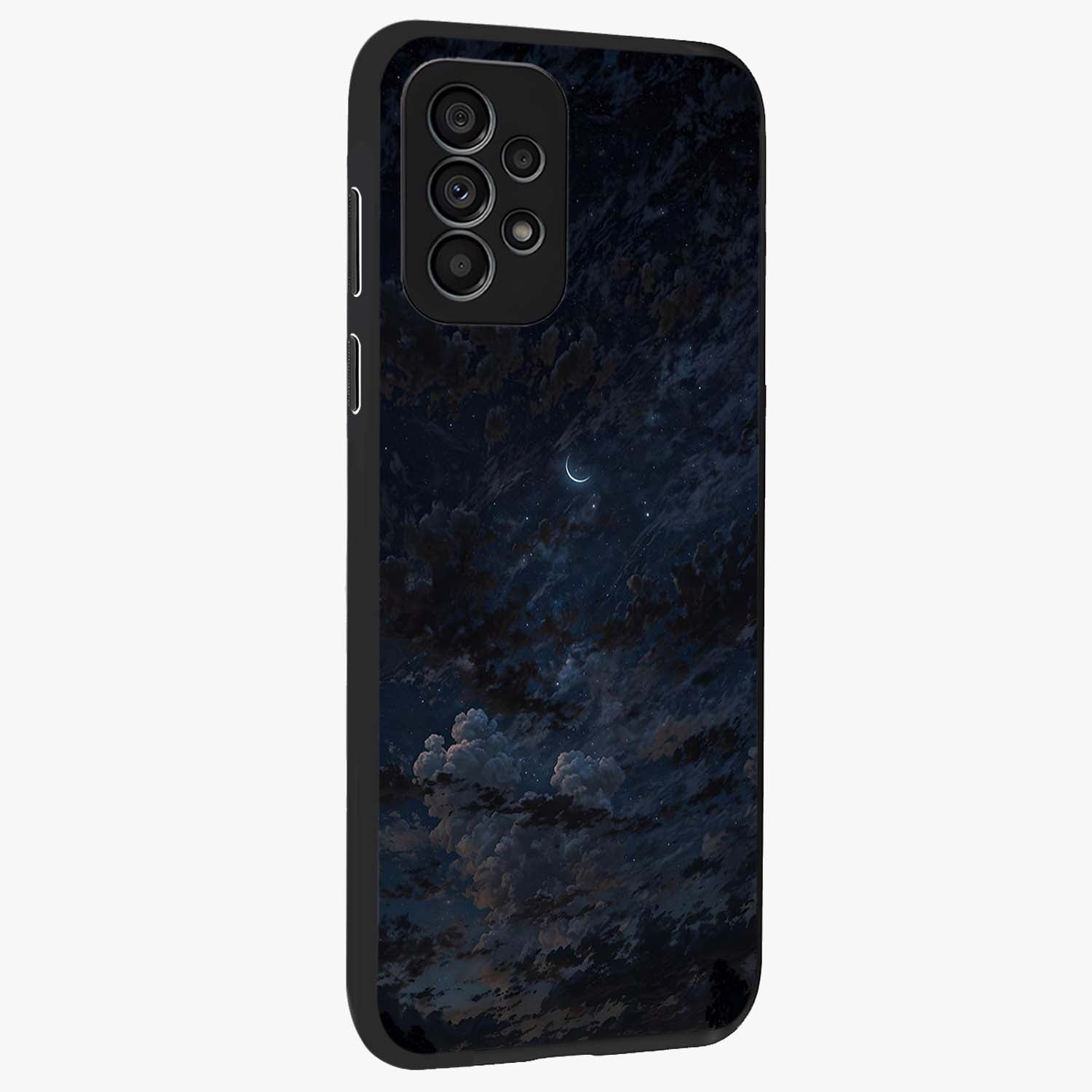 Lunar Veil Silence Glass Case upright view showcasing calm moon themed artwork with serene night atmosphere.