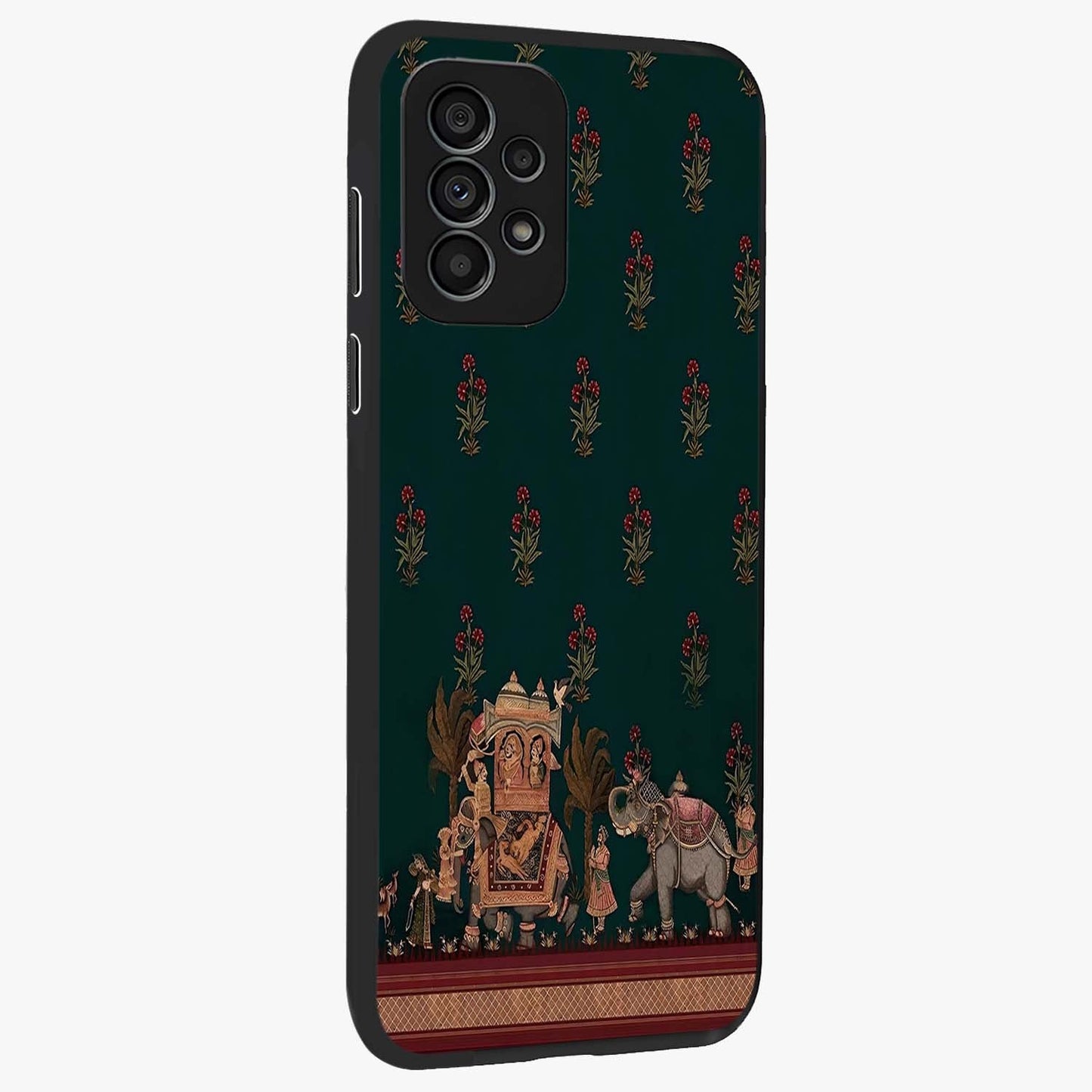 Macmerise Glass Case upright view showcasing bold artistic artwork with contemporary design theme.