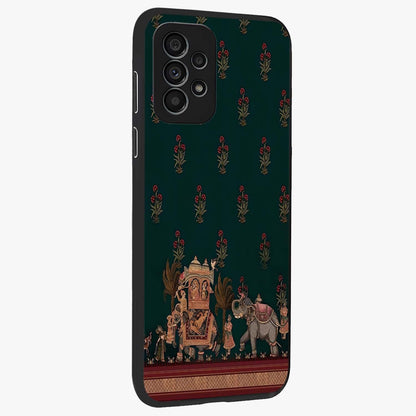 Macmerise Glass Case upright view showcasing bold artistic artwork with contemporary design theme.