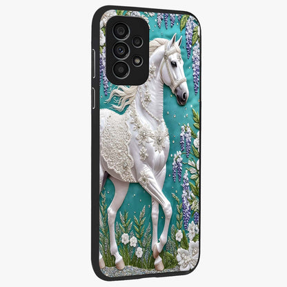 Majestic Floral Stallion Glass Case upright view showcasing dramatic horse artwork with decorative floral theme.