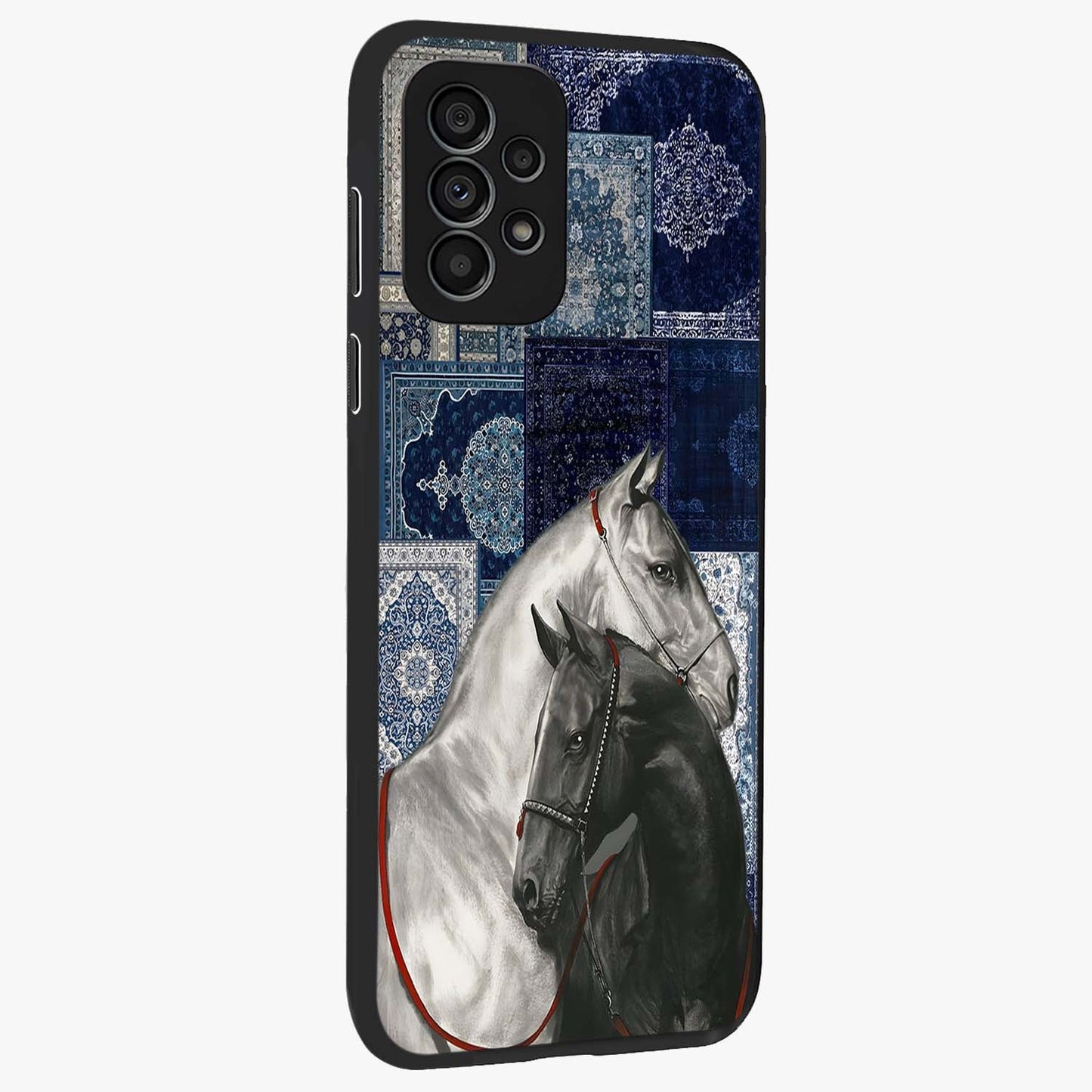 Midnight Stallion Blues Glass Case upright view showcasing dramatic horse artwork with bold artistic theme.