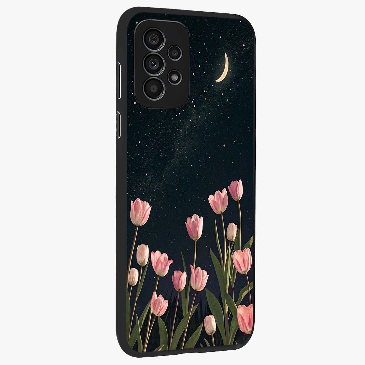 Midnight Tulip Whispers Vibe Glass Case upright view showcasing graceful tulip artwork with calm botanical theme.