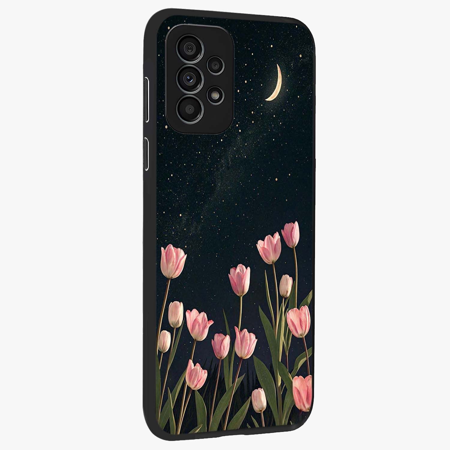 Midnight Tulip Whispers Vibe Glass Case upright view showcasing graceful tulip artwork with calm botanical theme.