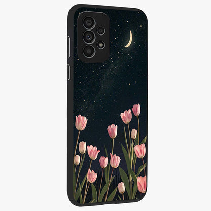 Midnight Tulip Whispers Vibe Glass Case upright view showcasing graceful tulip artwork with calm botanical theme.