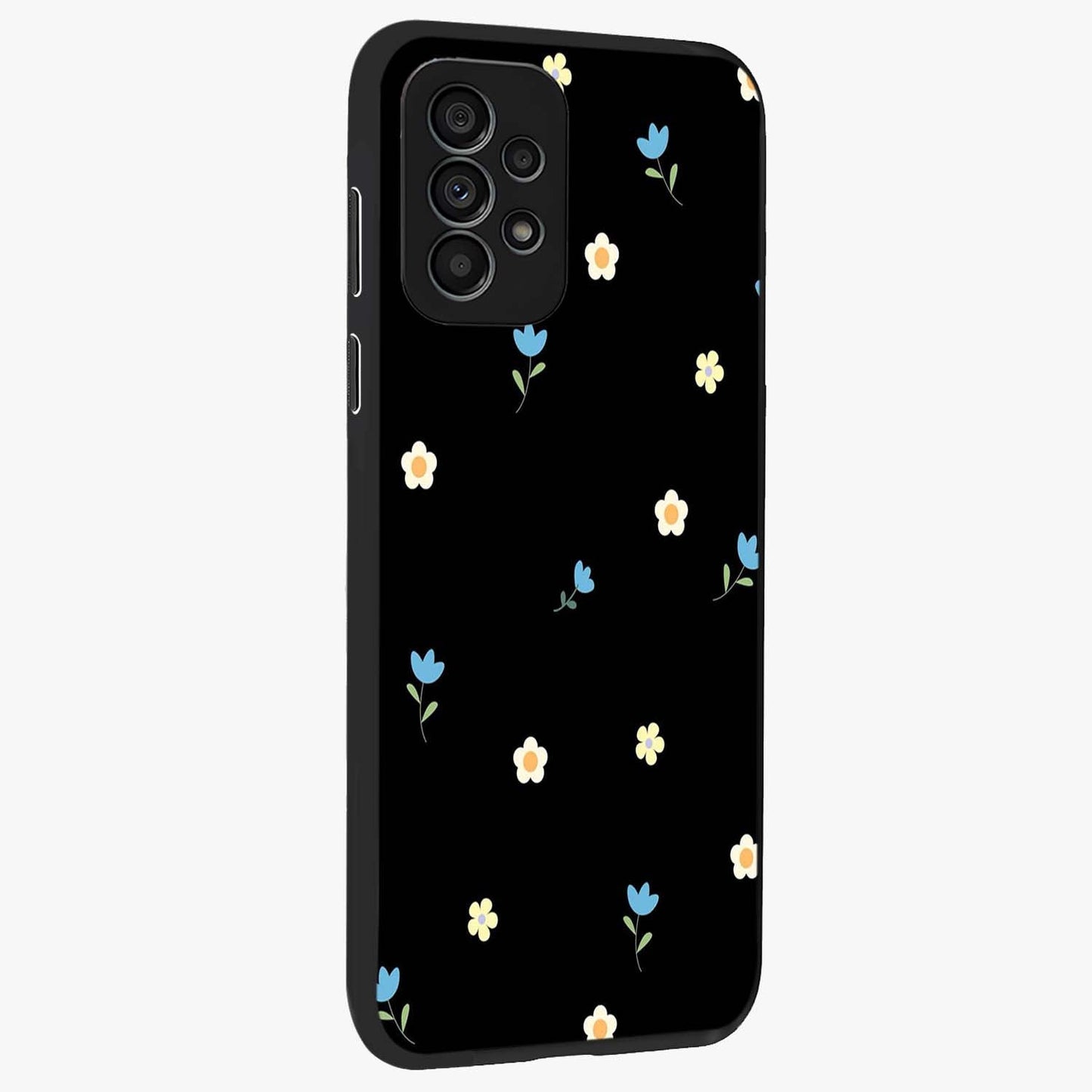 Minimal Petal Whispers Glass Case upright view showcasing elegant floral artwork with modern minimalist style.