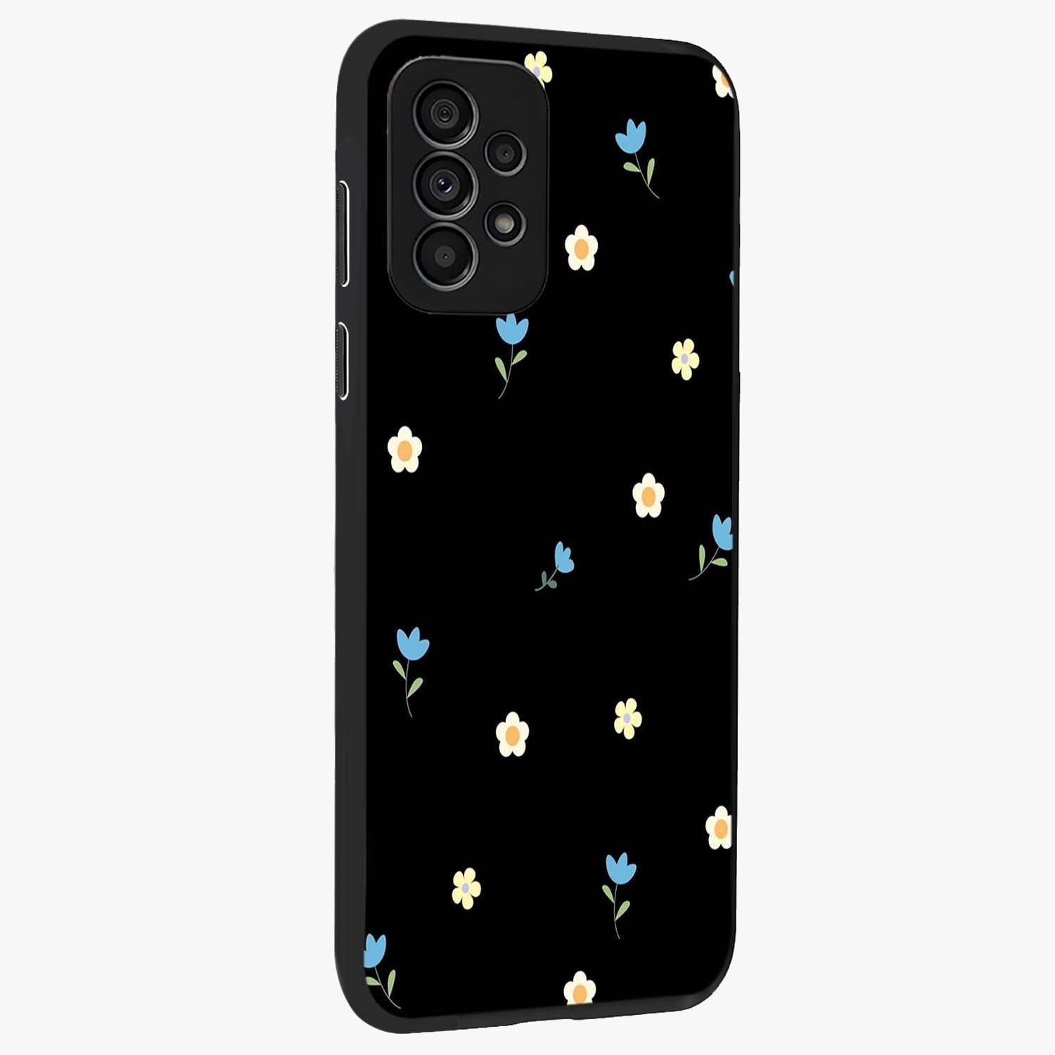 Minimal Petal Whispers Glass Case upright view showcasing elegant floral artwork with modern minimalist style.