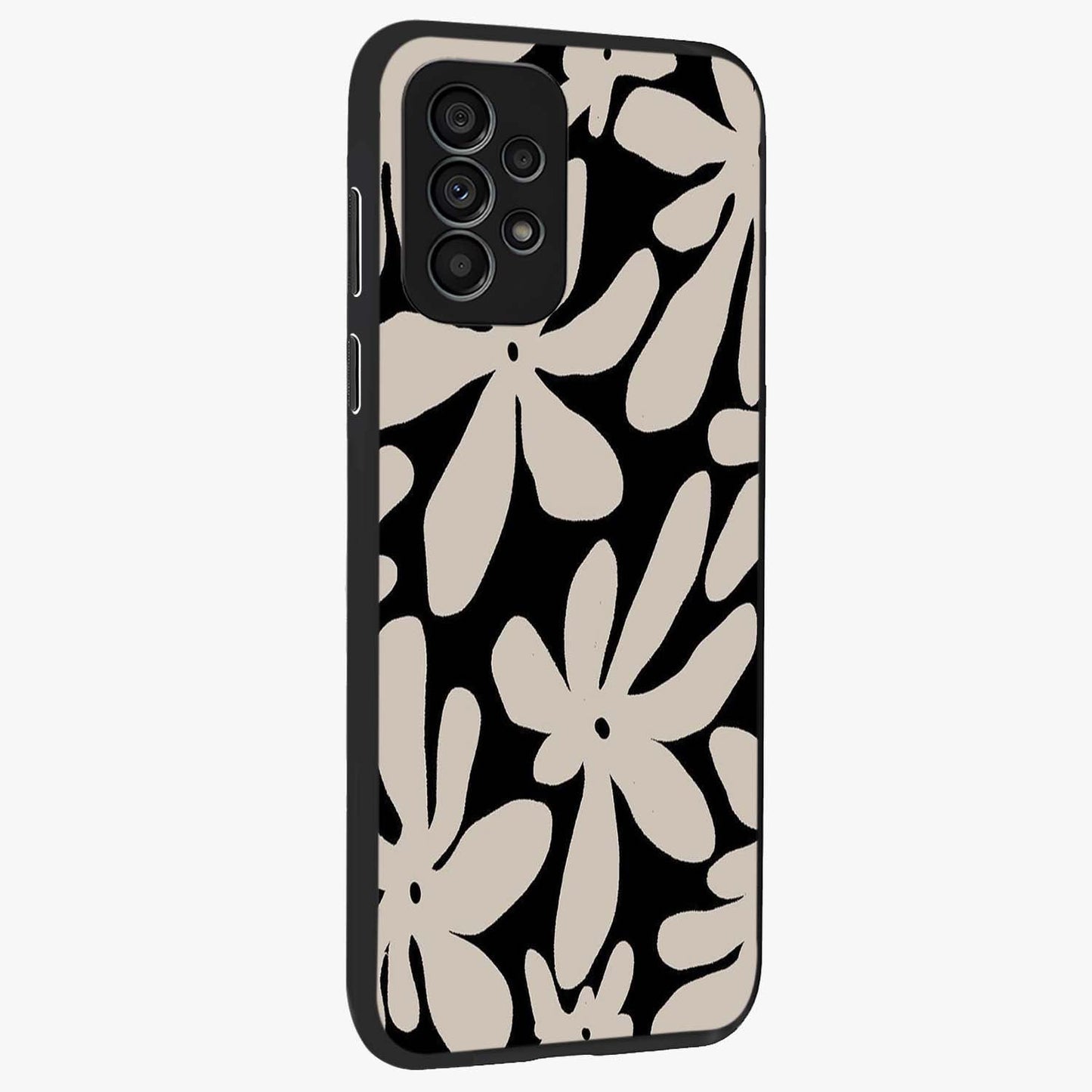 Monochrome Petal Dance Glass Case upright view showcasing artistic floral pattern with stylish monochrome theme.