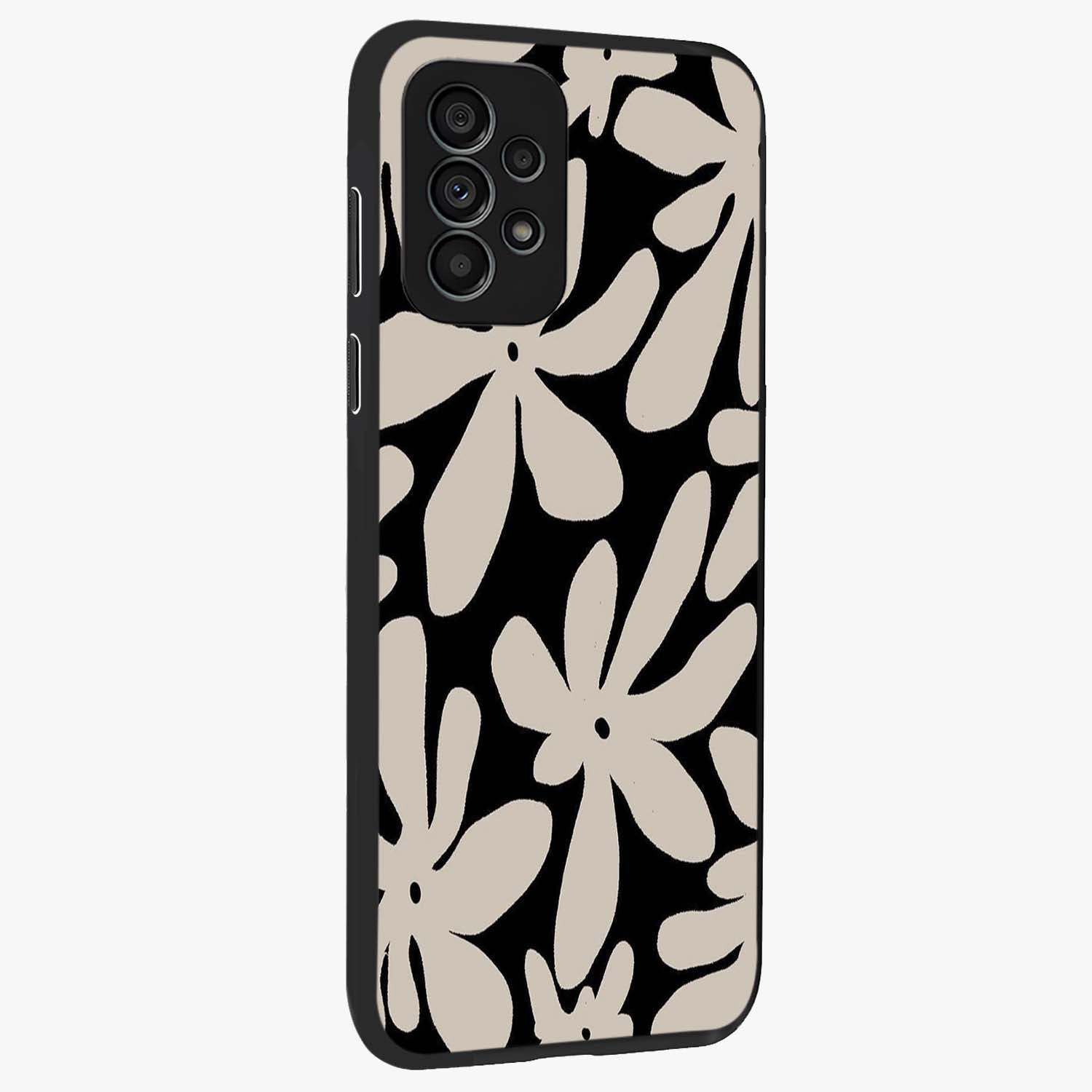 Monochrome Petal Dance Glass Case upright view showcasing artistic floral pattern with stylish monochrome theme.