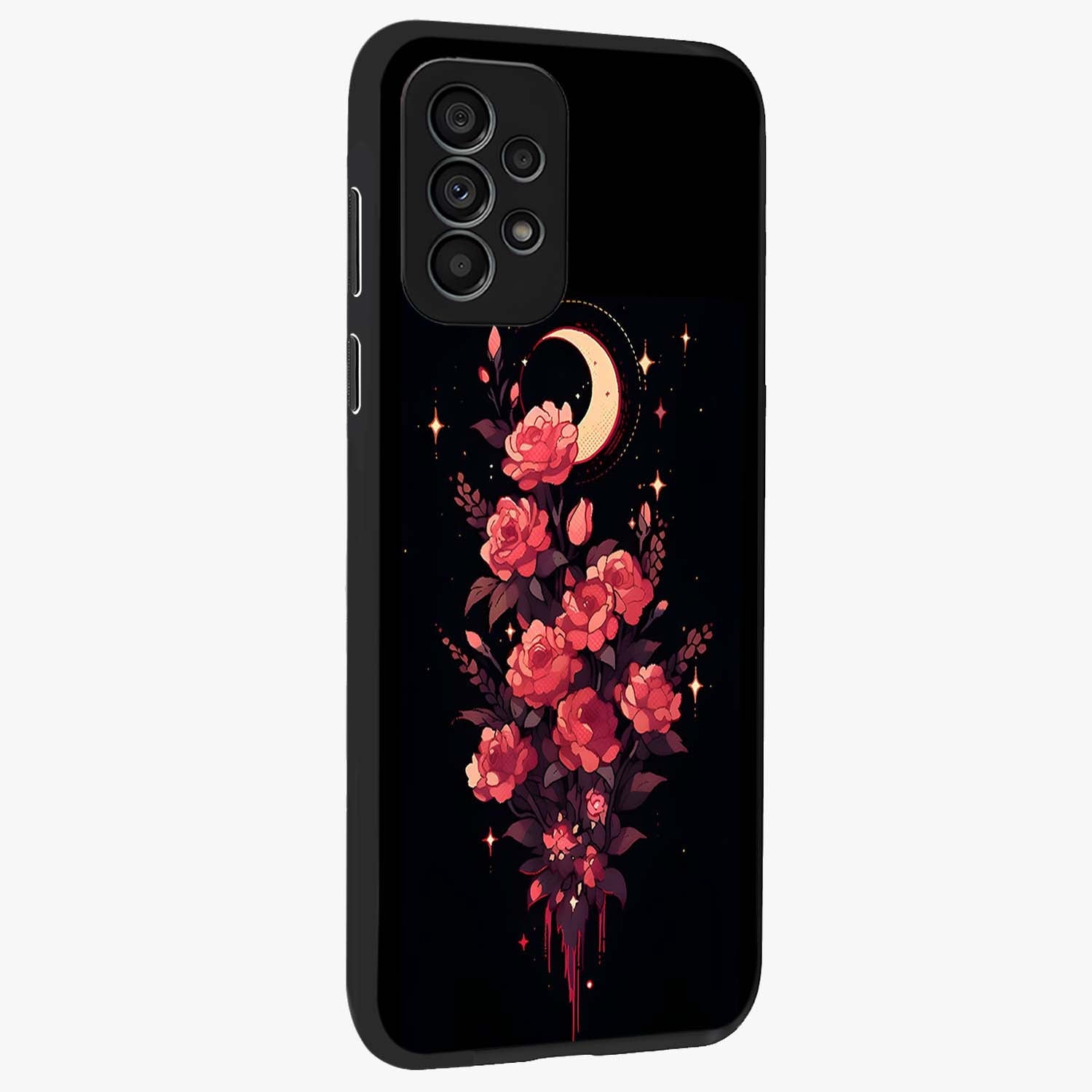 Moonlit Floral Elegance Glass Case upright view showcasing delicate floral artwork with refined night inspired theme.