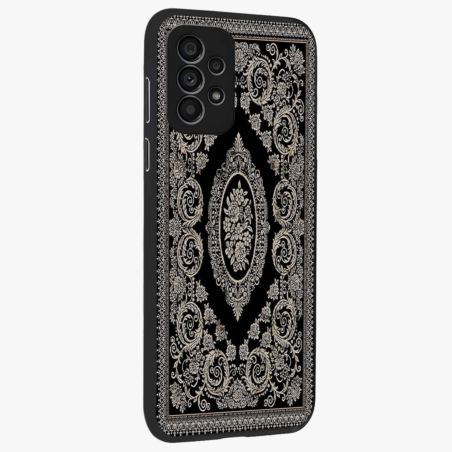 Noir Bloom Elegance Glass Case upright view showcasing graceful floral artwork with luxurious dark theme.