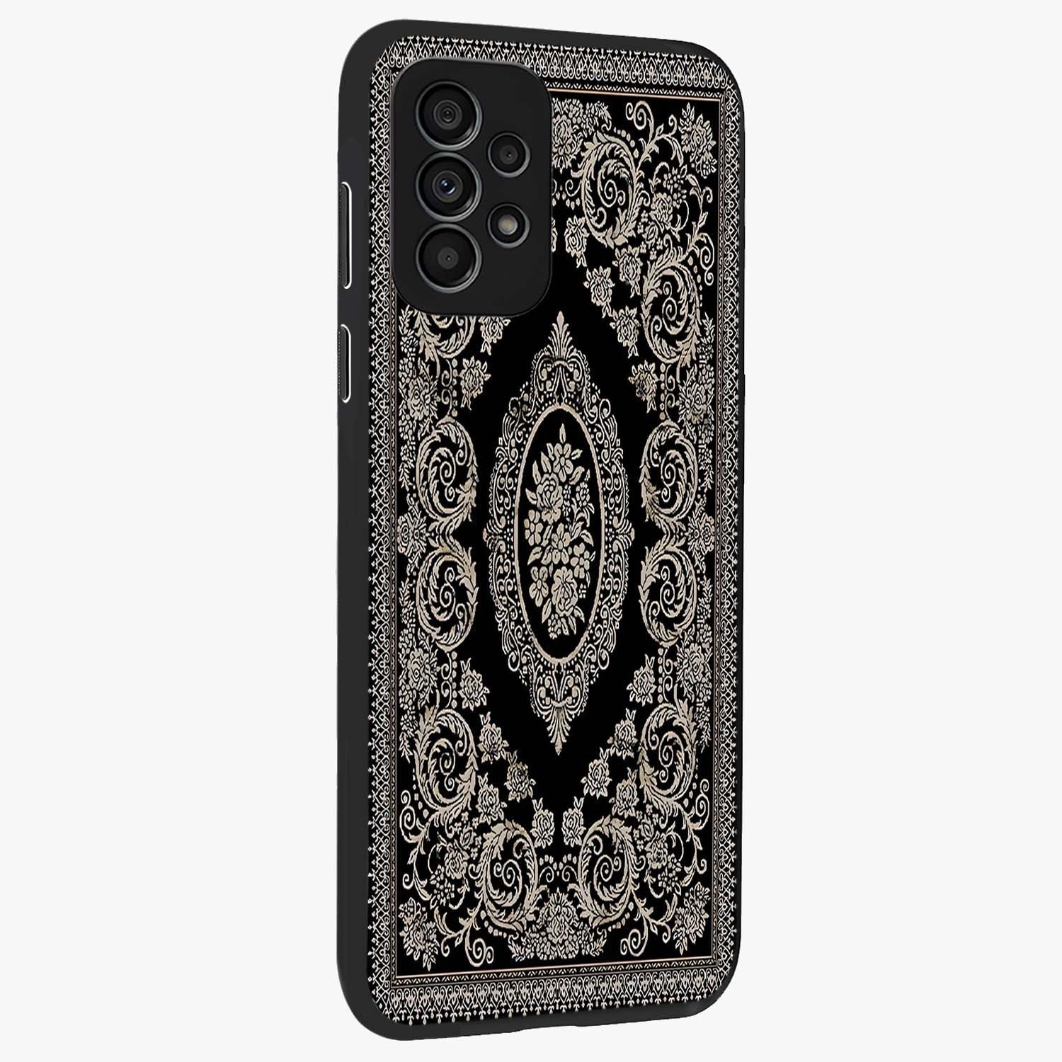 Noir Bloom Elegance Glass Case upright view showcasing graceful floral artwork with luxurious dark theme.