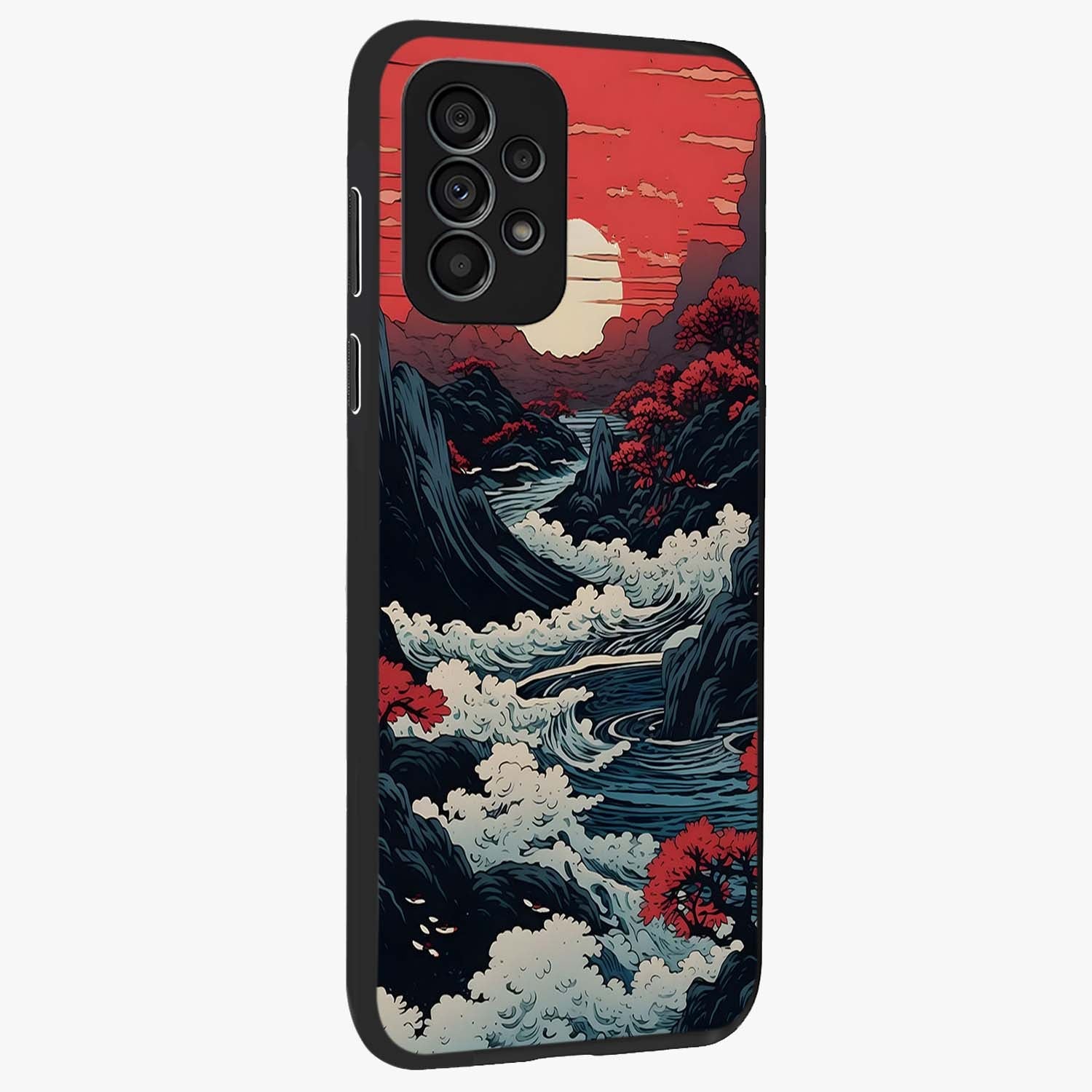 Red Sunset Scenery Glass Case upright view showcasing dramatic sunset scenery artwork with warm nature theme.