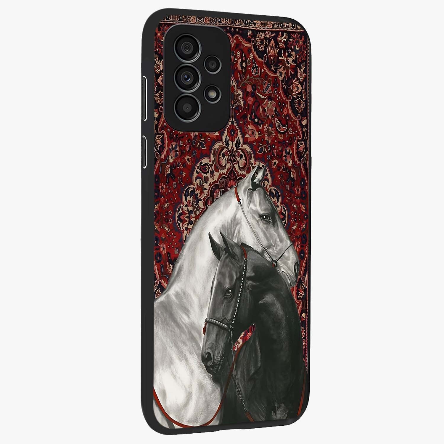 Regal Stallion Tapestry Glass Case upright view showcasing powerful horse artwork with elegant tapestry theme.