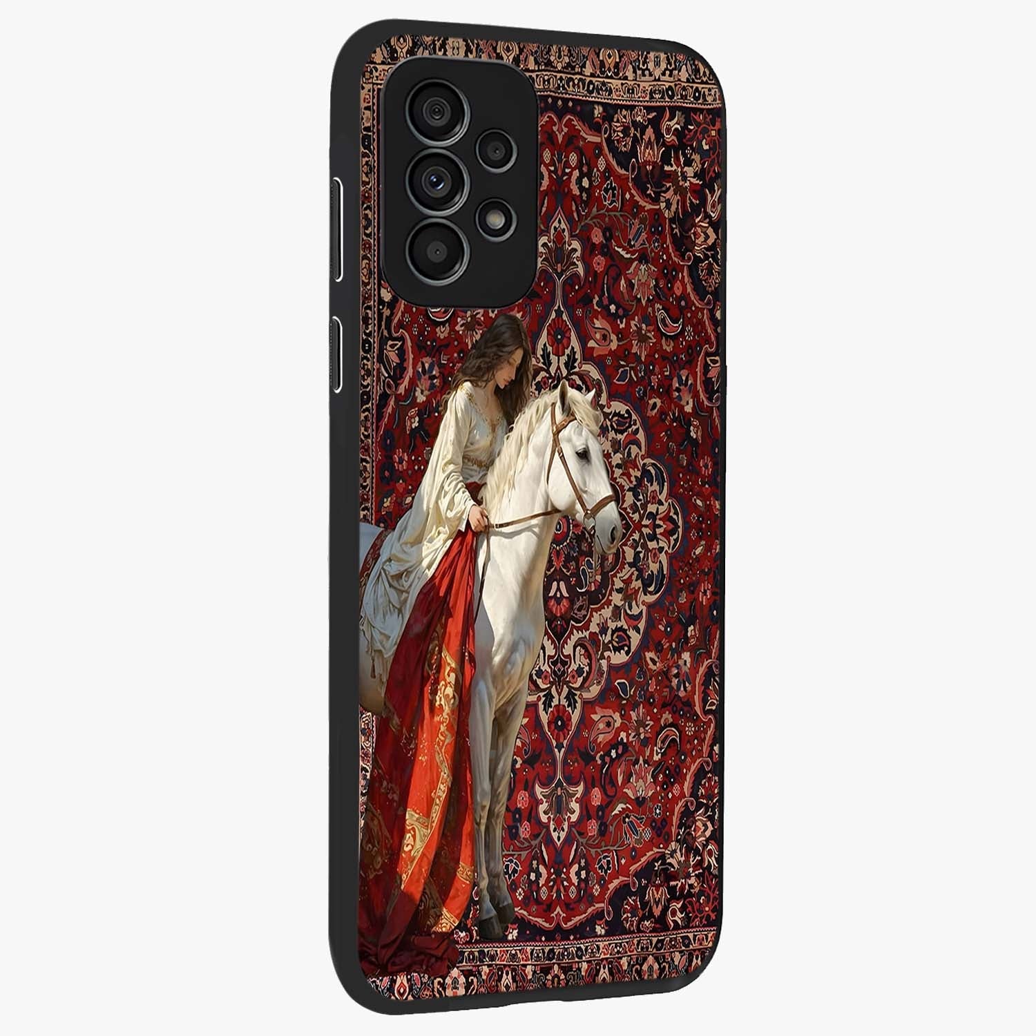 Royal Rider Tapestry Glass Case upright view showcasing detailed rider artwork with classic tapestry theme.