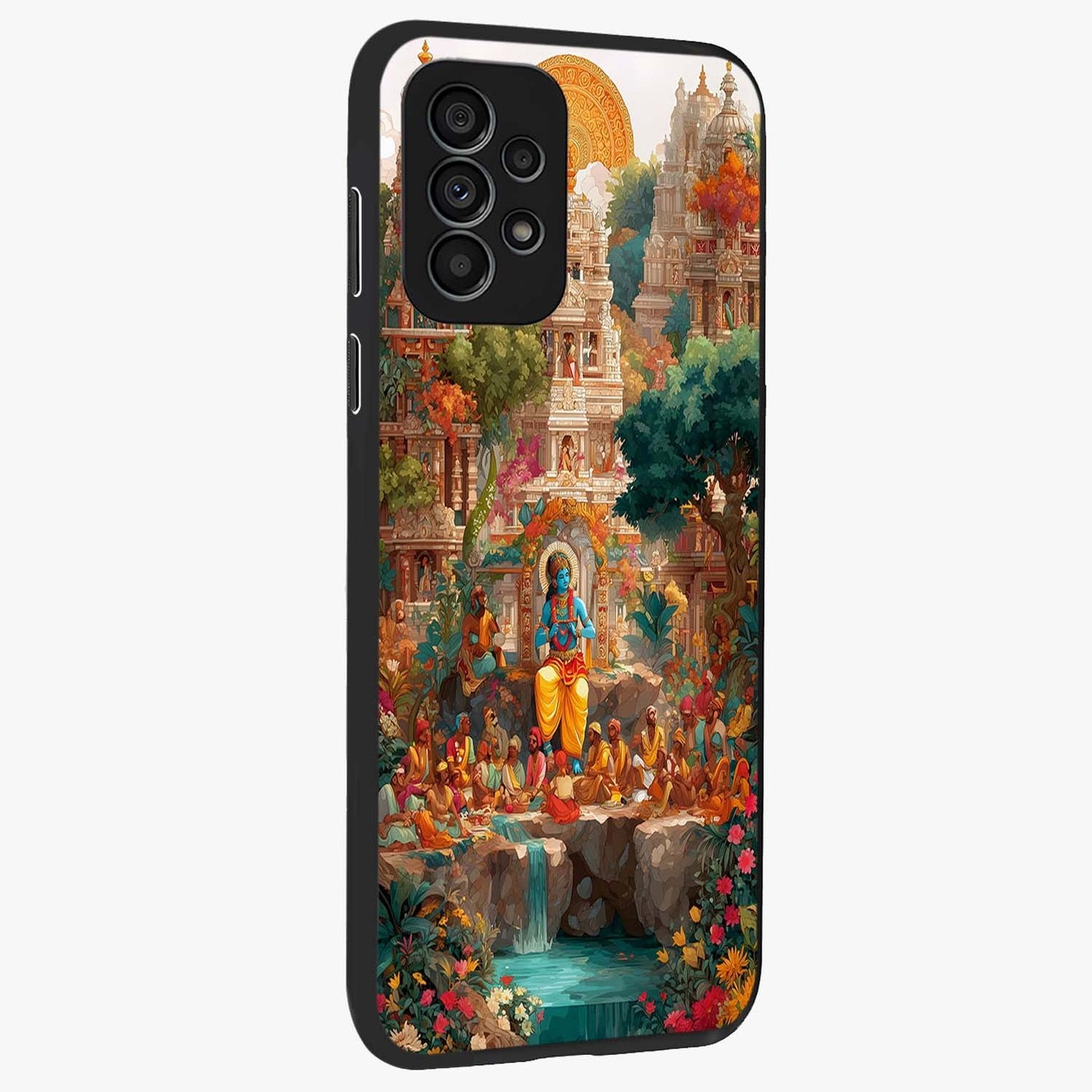 Sacred Sunlight Gods Glass Case upright view showcasing glowing divine artwork with sacred mythological theme.