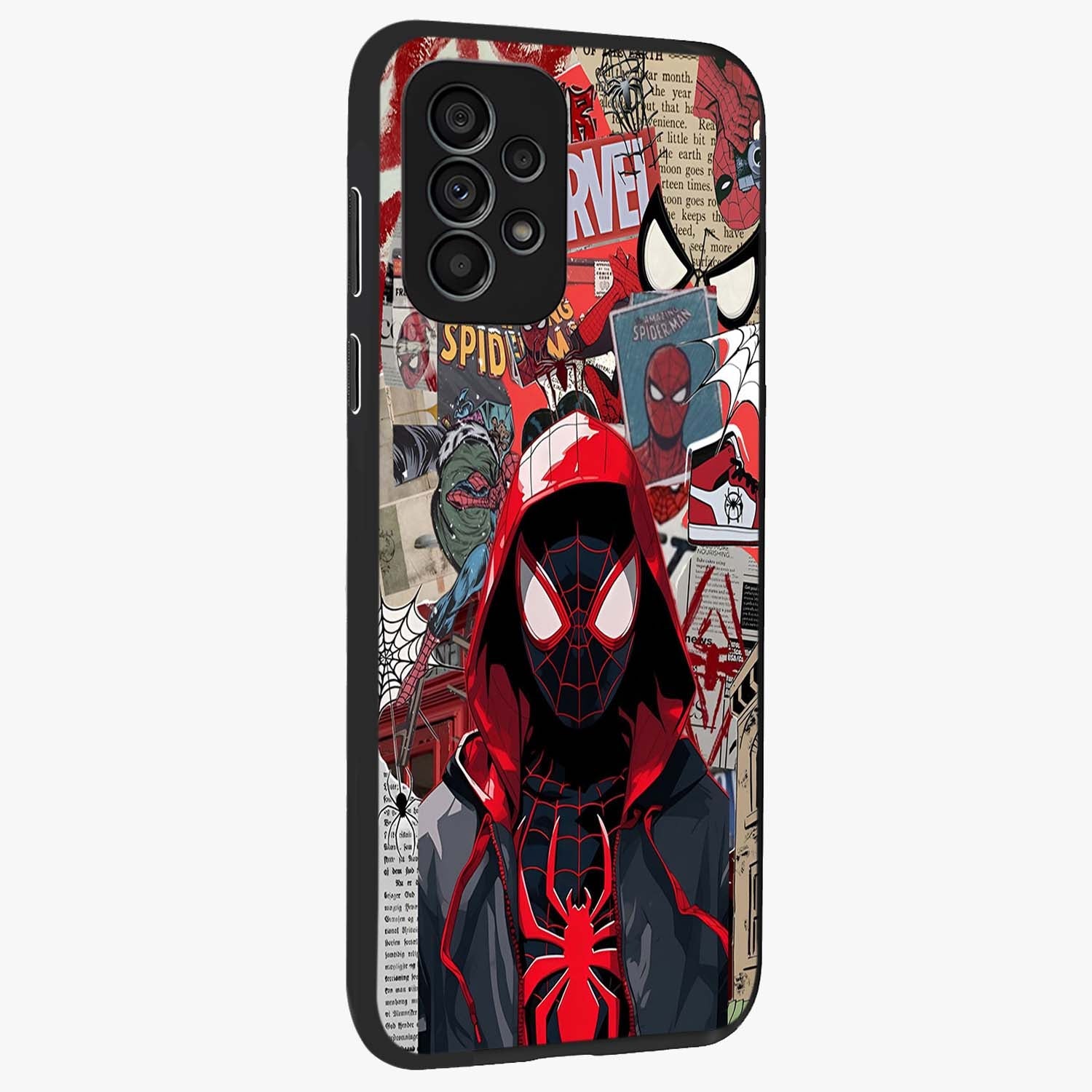 Spider Collage Street Glass Case upright view showcasing bold superhero artwork with urban street theme.