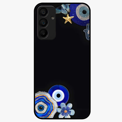 Aesthetic Blue Evil Eye Glass Case showing flat back view with protective evil eye artwork and glossy glass finish.
