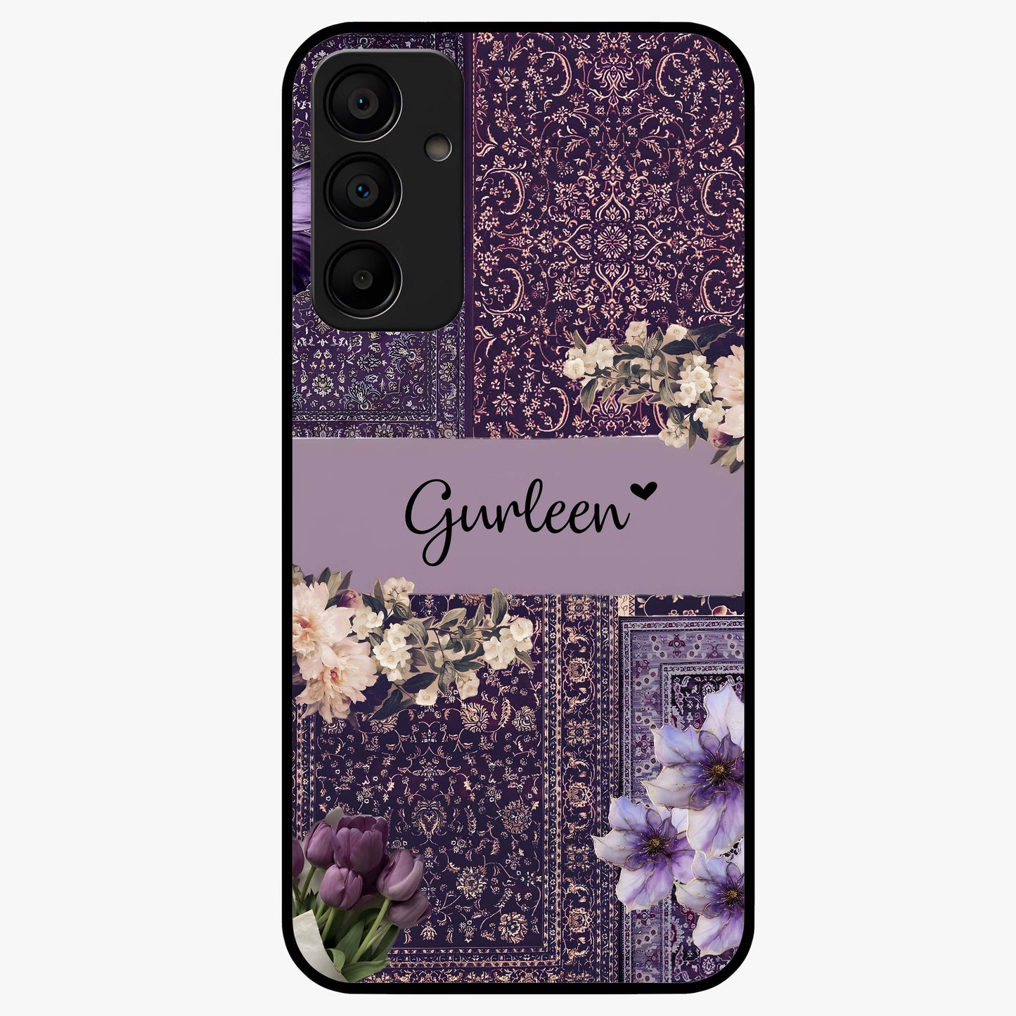 Antique Floral Whisper Custom Name Glass Case showing flat back view with vintage floral artwork and personalized name design.