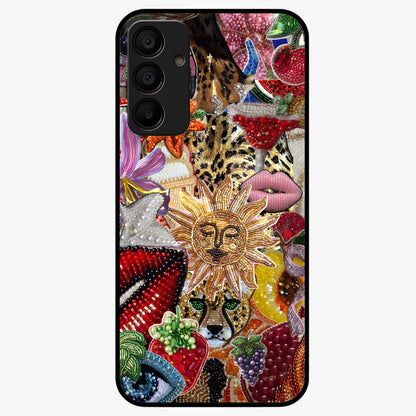 Beaded Fashion Jungle Glass Case showing flat back view with vibrant jungle inspired bead artwork and glossy glass finish.