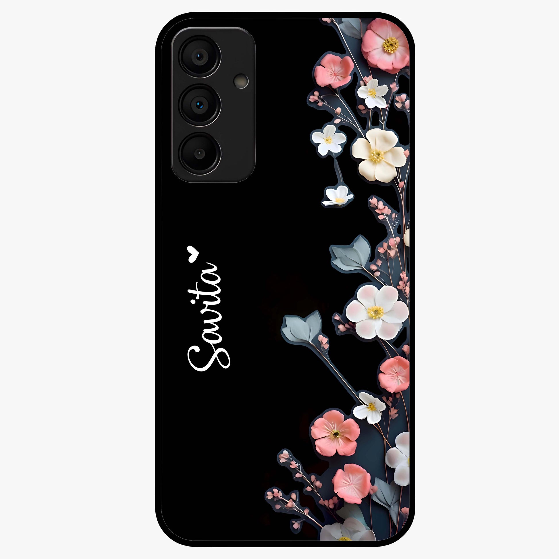 Black Elegance Floral Custom Name Glass Case showing flat back view with elegant floral artwork and personalized name design.
