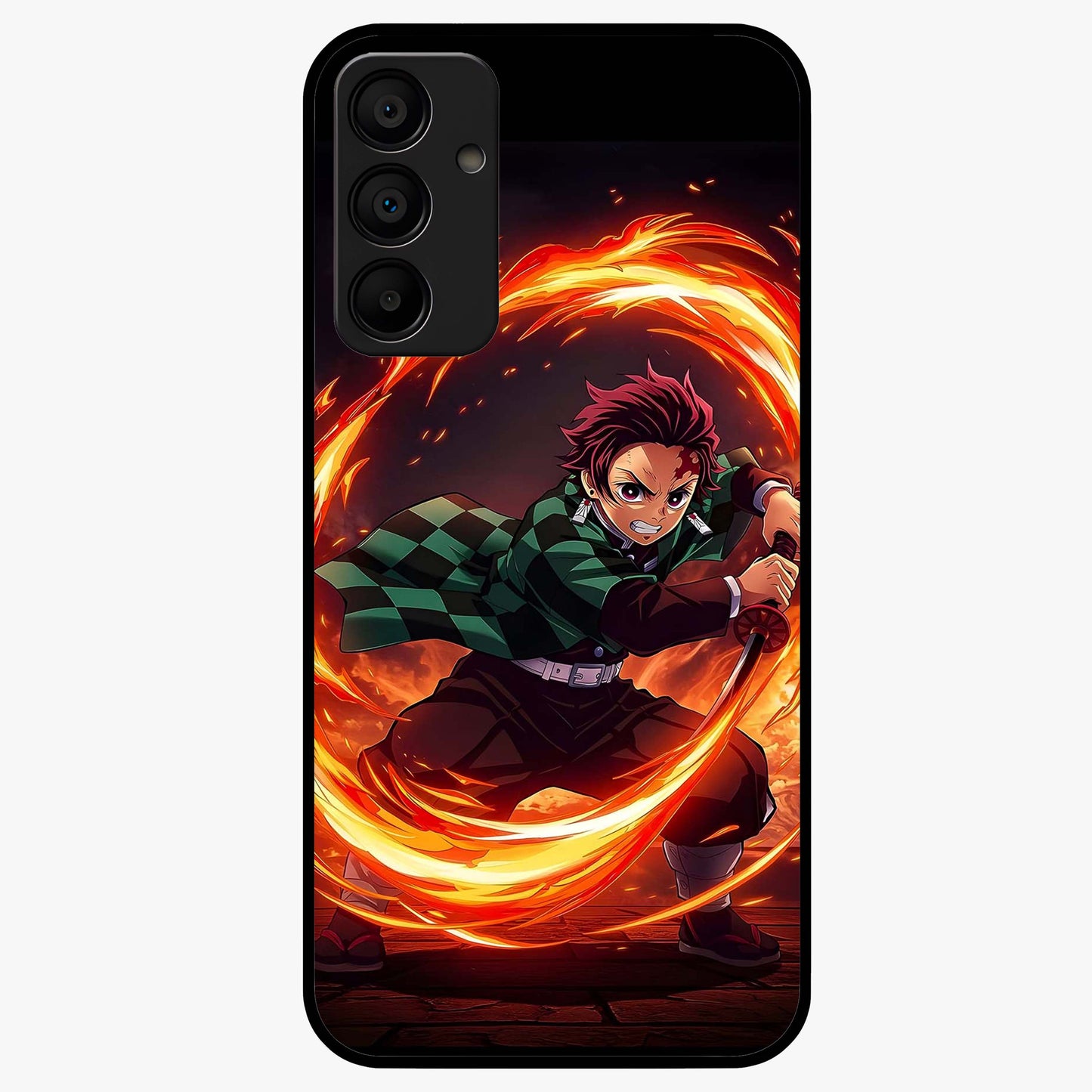 Blazing Sword Resolve Glass Case showing flat back view with fiery sword artwork and glossy glass finish.