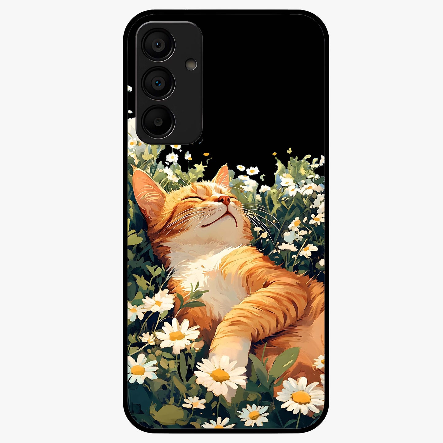 Blissful Bloom Cat Glass Case showing flat back view with cute cat and floral bloom artwork and glossy glass finish.