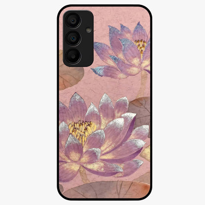 Blossom Mist Lotus Glass Case showing flat back view with serene lotus blossom artwork and glossy glass finish.