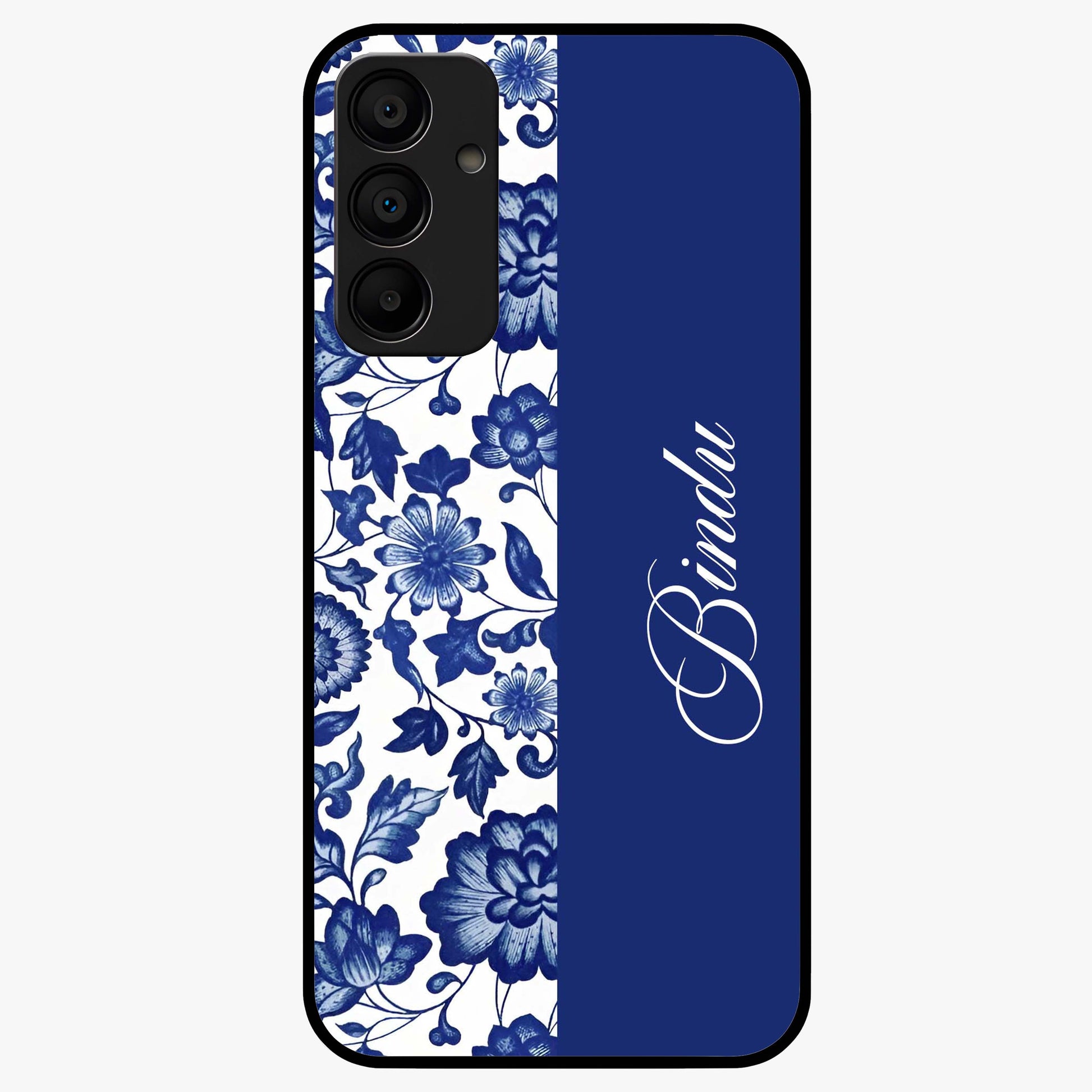 Blue Vintage Floral Pattern Glass Case upright view showcasing timeless floral illustration with vintage inspired style.