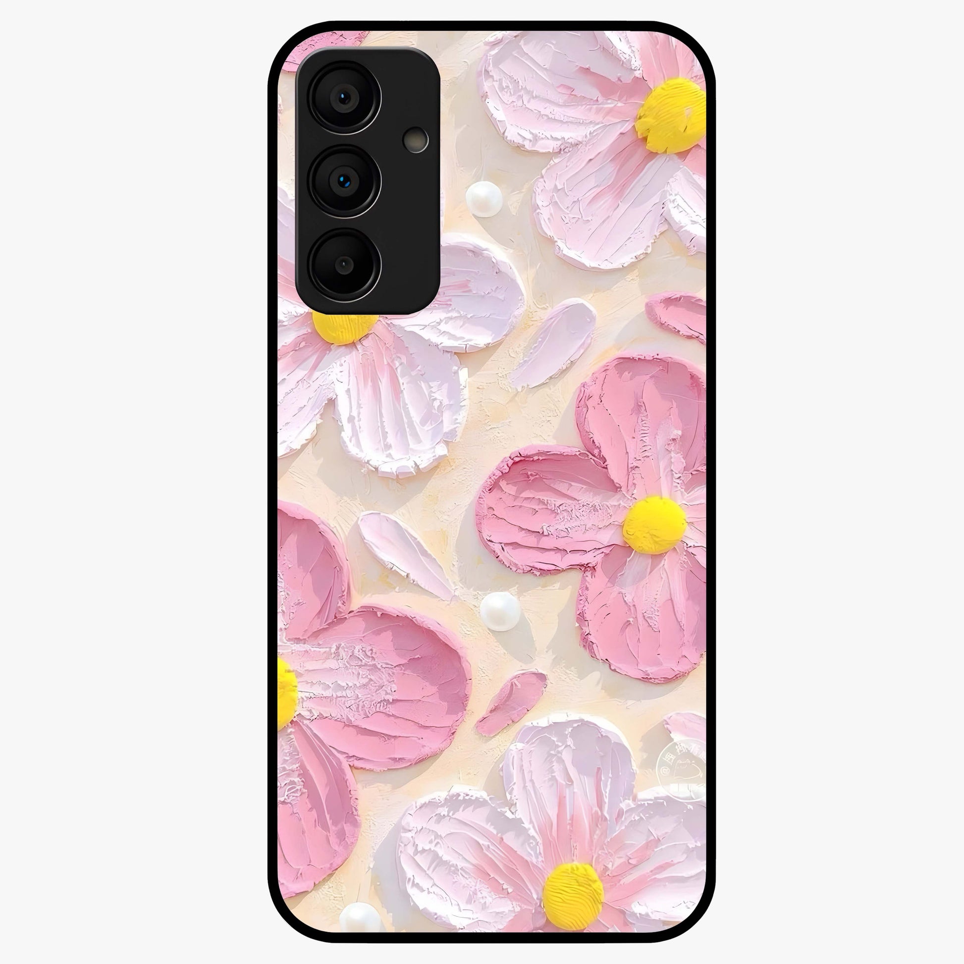 Blush Bloom Texture Glass Case showing flat back view with soft blush floral texture artwork and glossy glass finish.