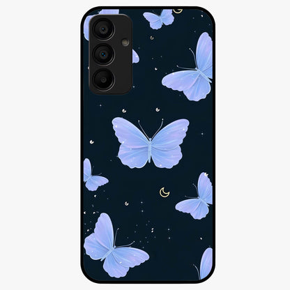 Butterfly With Stars Pattern Glass Case showing flat back view with butterfly and star pattern artwork and glossy glass finish.