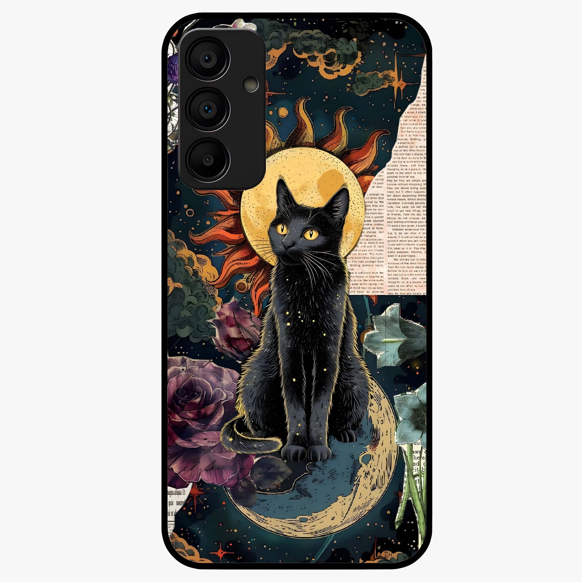 Celestial Black Cat Glass Case showing flat back view with mystical black cat artwork and glossy glass finish.