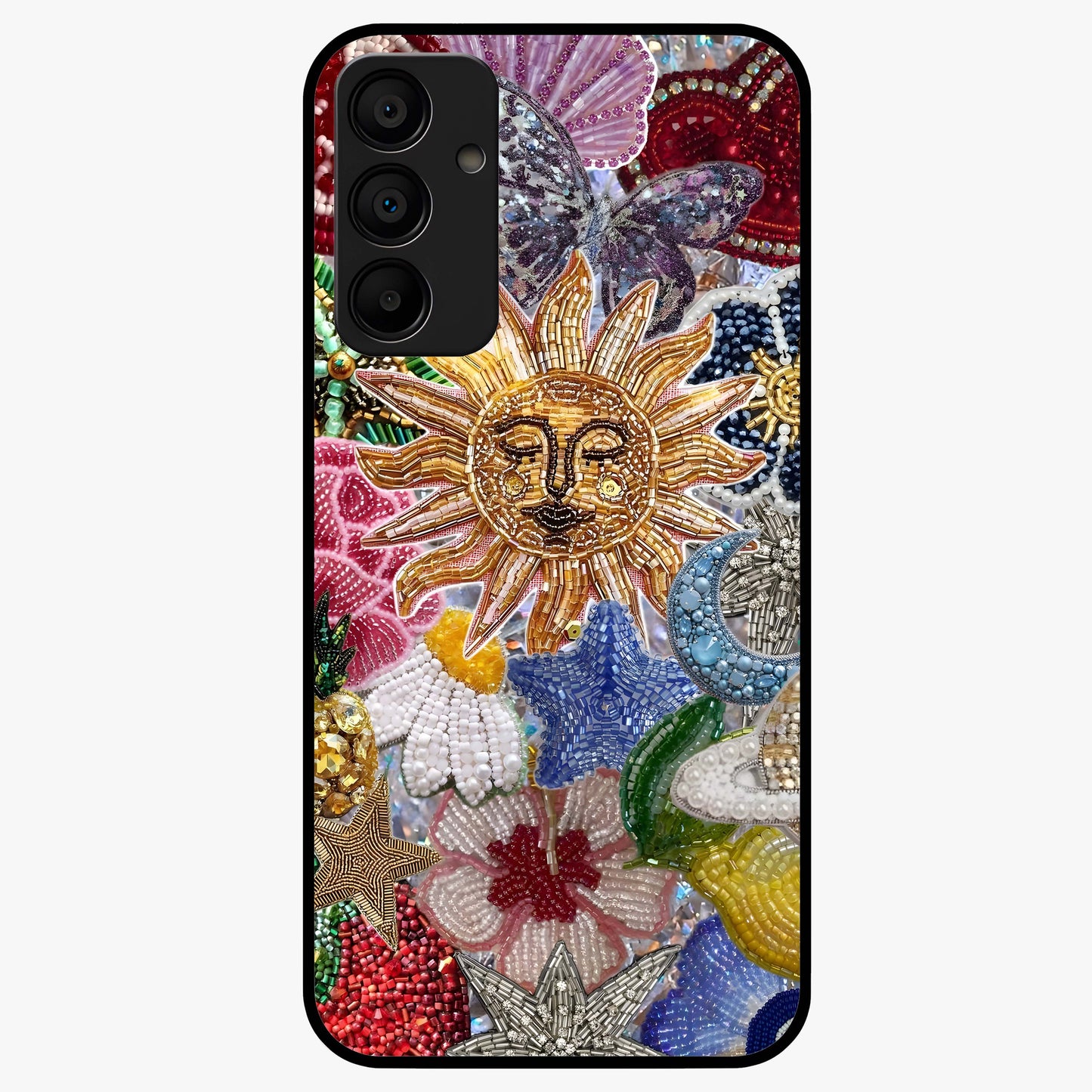 Celestial Floral and Playful Glass Case showing flat back view with floral and celestial themed artwork and glossy glass finish.