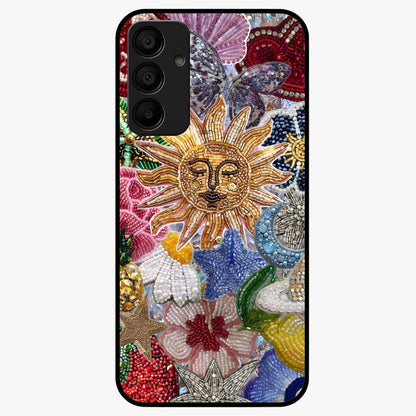 Celestial Floral and Playful Glass Case showing flat back view with floral and celestial themed artwork and glossy glass finish.