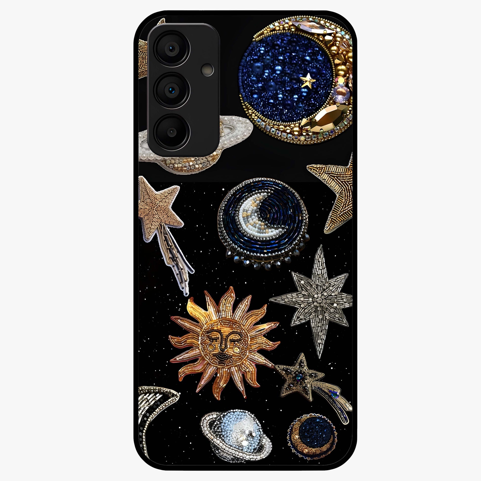 Celestial Gem Constellations Glass Case showing flat back view with sparkling constellation artwork and glossy glass finish.
