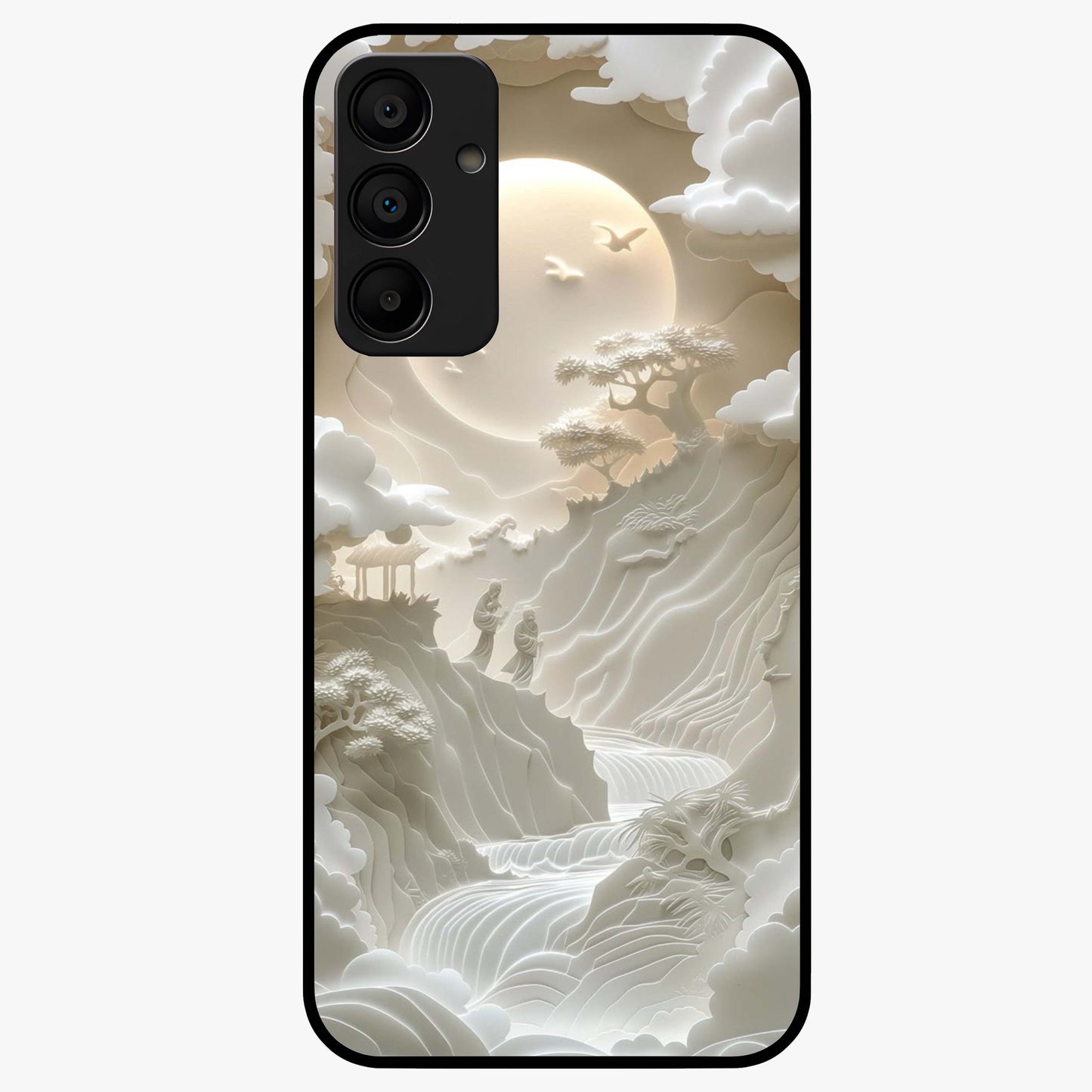 Celestial Origami Glass Case showing flat back view with artistic origami inspired celestial artwork and glossy glass finish.
