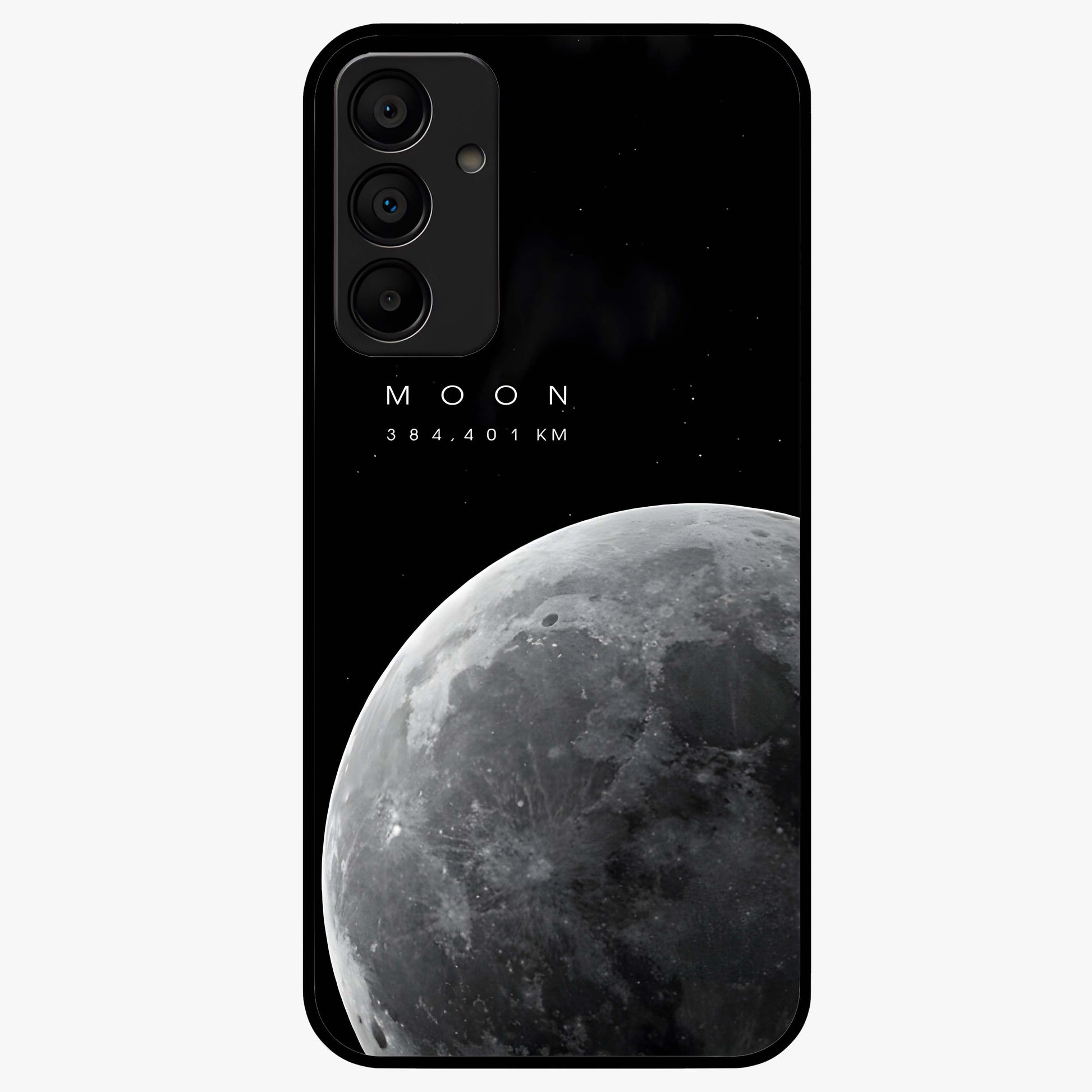 Cosmic Moon Glow Glass Case showing flat back view with glowing moon artwork and glossy glass finish.