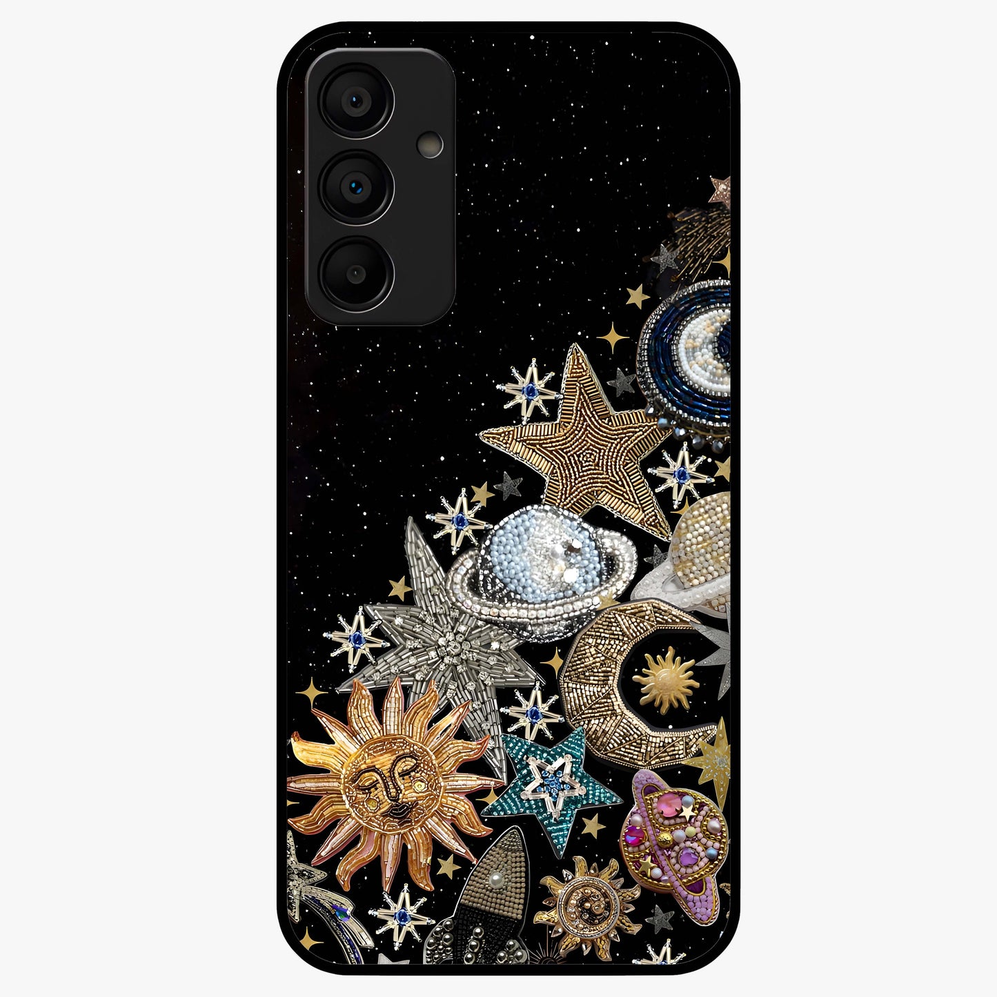 Cosmic Sparkle Dreams Glass Case showing flat back view with sparkling cosmic artwork and glossy glass finish.