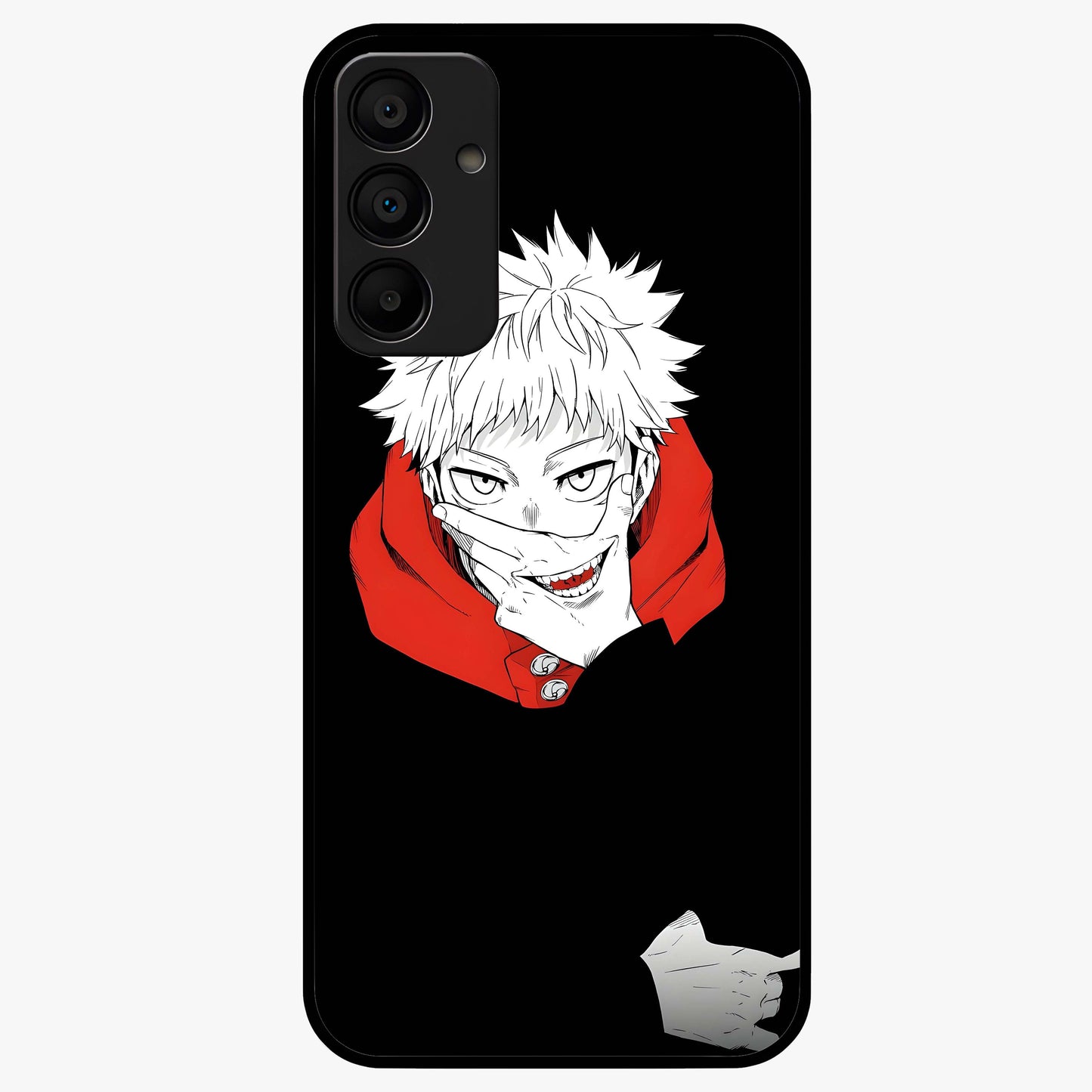 Crimson Chaos Smile Glass Case showing flat back view with bold chaotic smile artwork and glossy glass finish.
