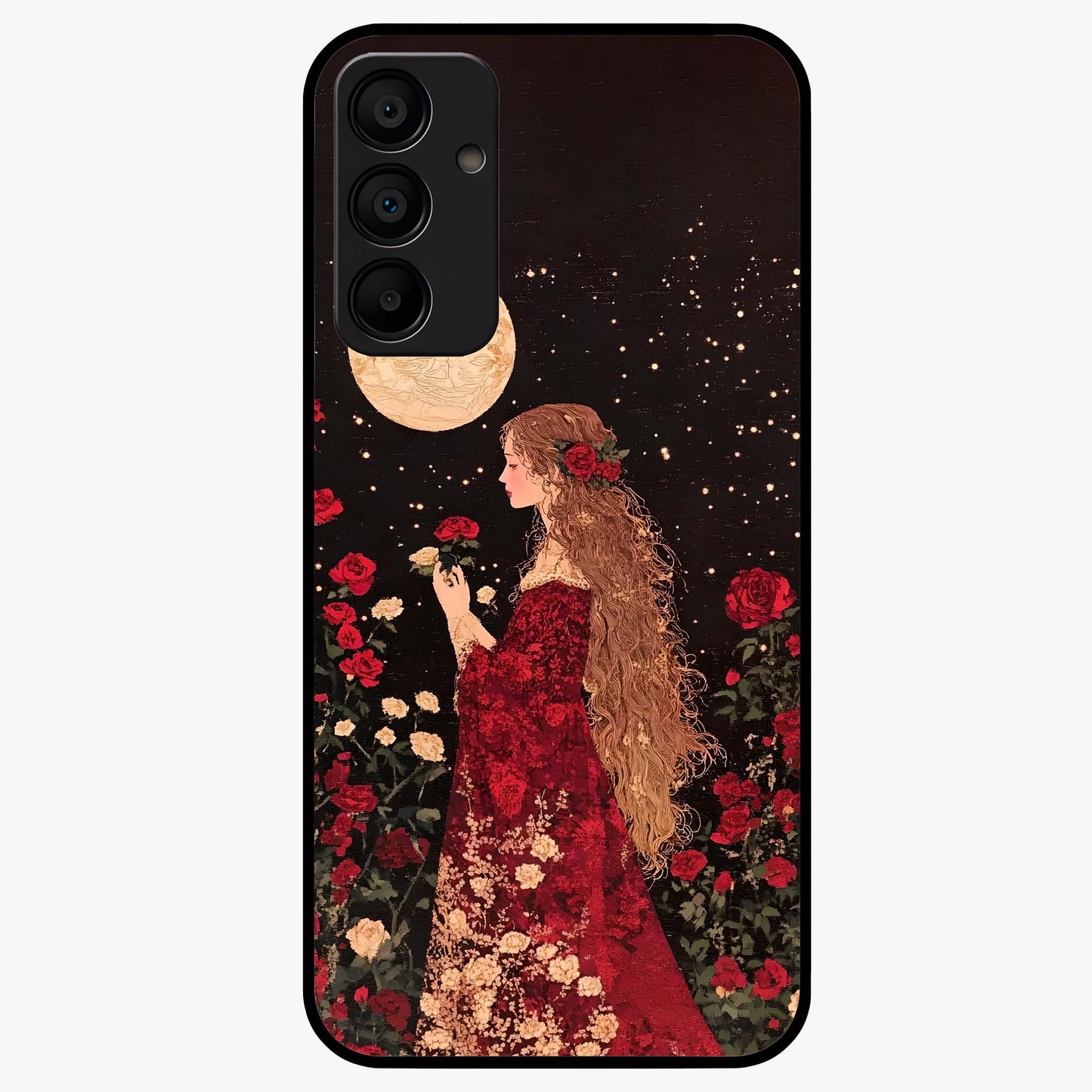 Crimson Dreams Glass Case showing flat back view with dreamy crimson artwork and glossy glass finish.