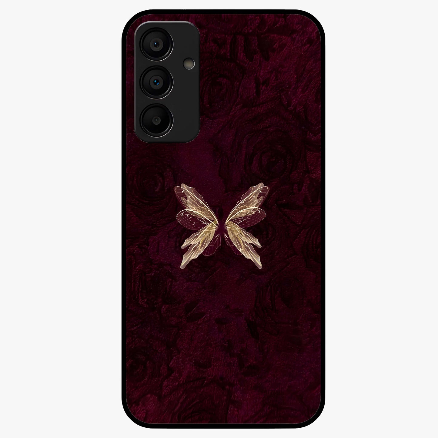 Crimson Fade Butterfly Glass Case showing flat back view with fading butterfly artwork and glossy glass finish.
